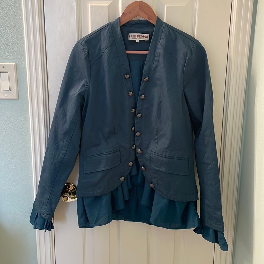 NWOT. Free People Ruffles Romance Jacket in Teal Jewel